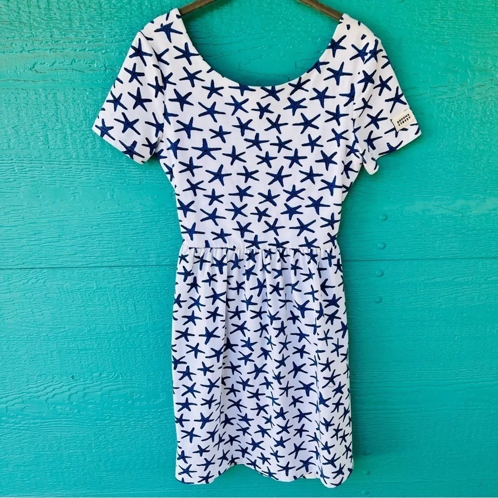 KATE SPADE BROOME STREET SOFT COTTON STARFISH NAUTICAL BLUE WHITE DRESS SMALL